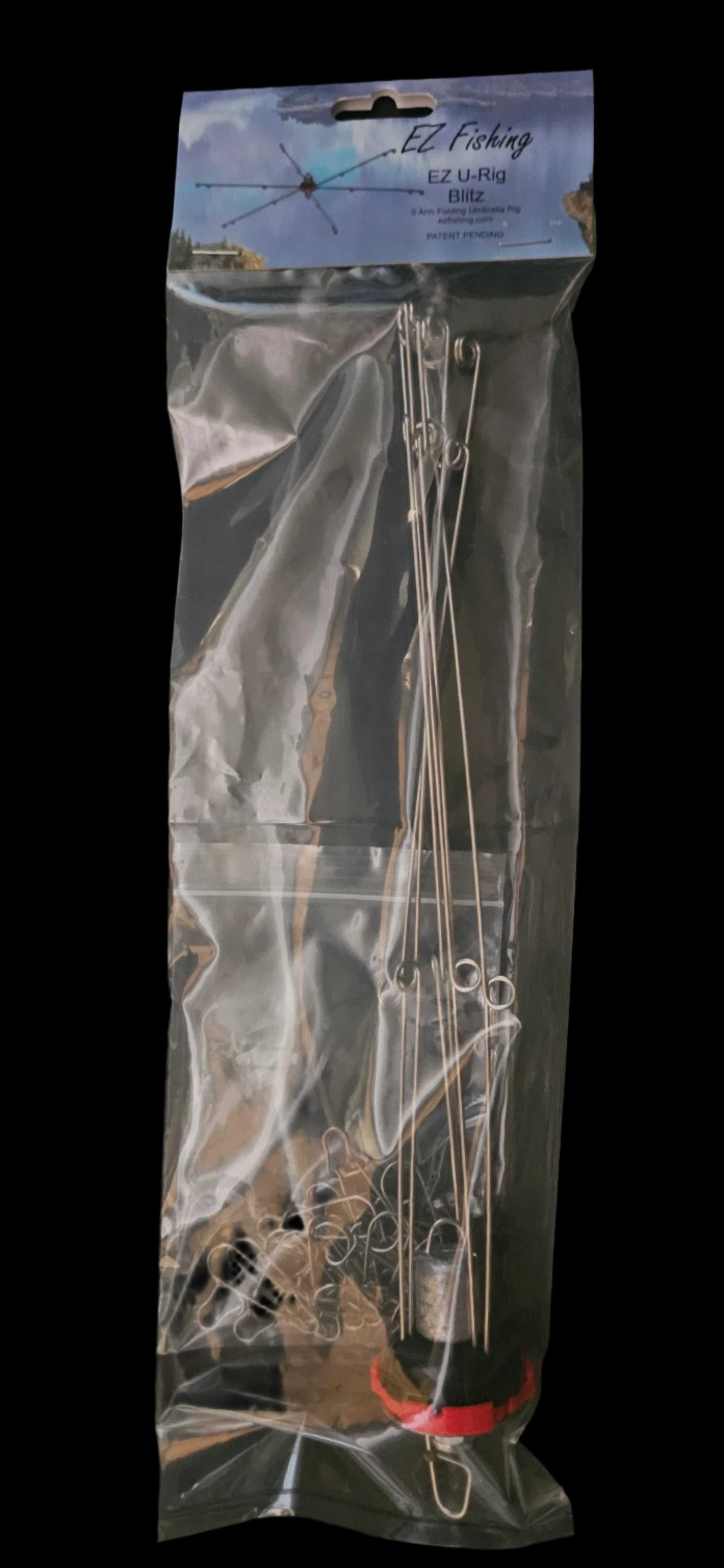 umbrella rig, A picture of a packaged EZ U-Rig Blitz, 6 Arm folding umbrella rig.