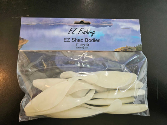 A package of 10 EZ Fishing, Glow Shad Bodies