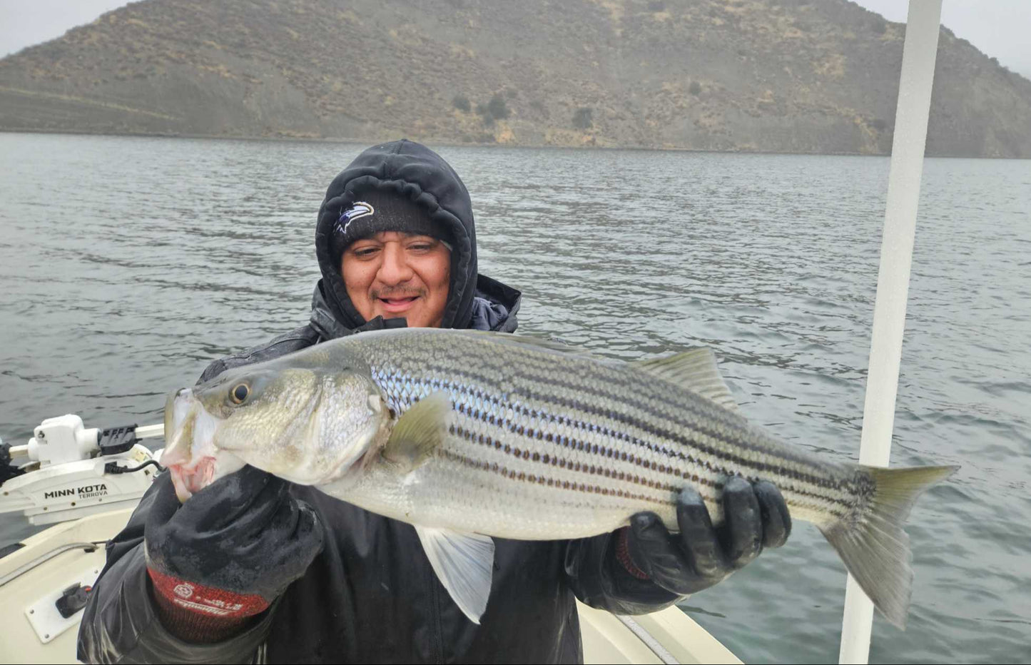Guide Service, a man holding up a big striper caught on an EZ U-Rig