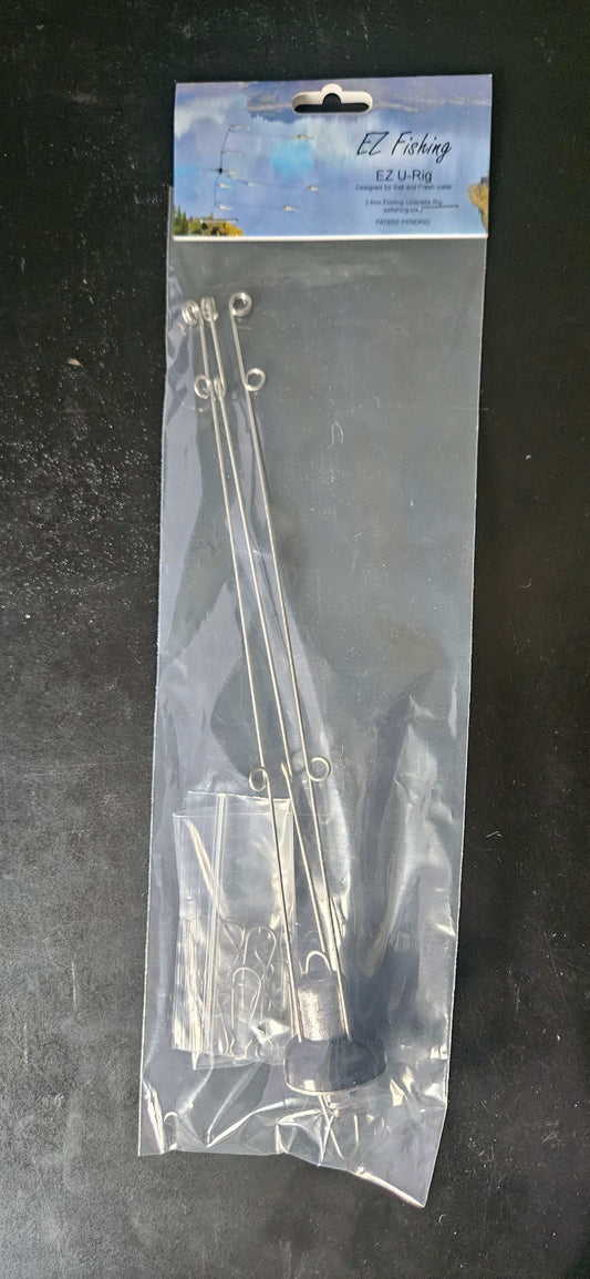 An image of a EZ U-Rig, 3 arm folding umbrella rig in the package