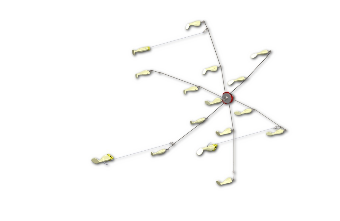 EZ U-Rig umbrella rig, 6 Arm, EZ Fishing, Trolling KIt Glow 4" Shad 1/2 oz Jigs